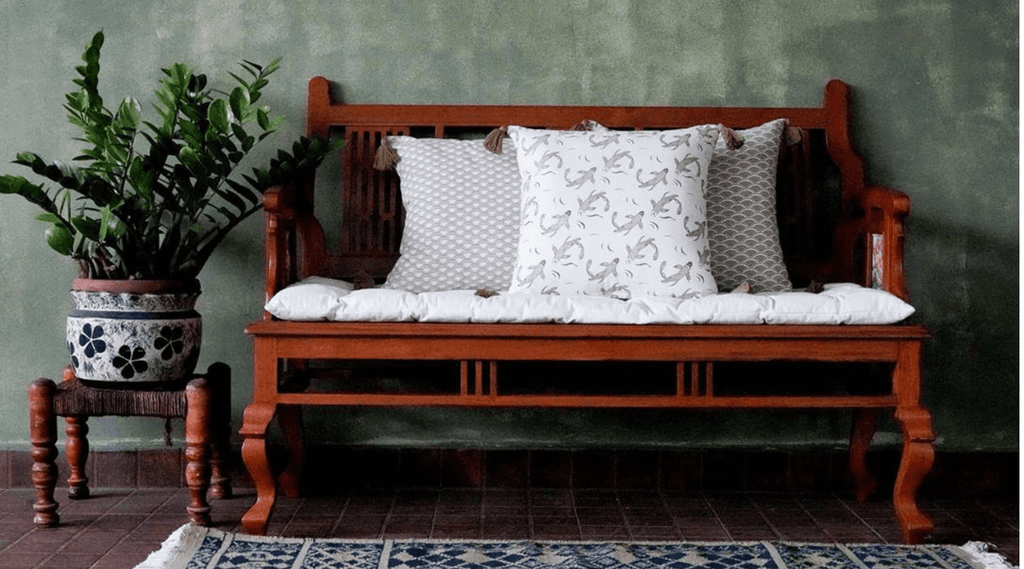 White Cushions on the wooden bench