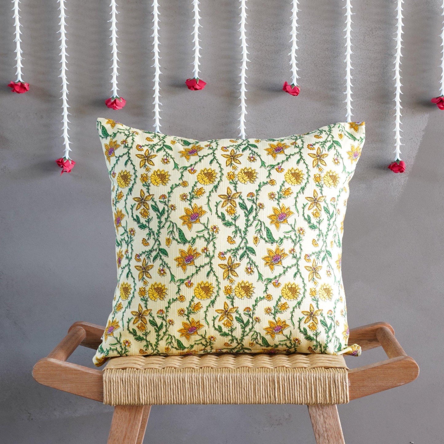 Bahar Floral Yellow Cushion Cover - Tikauo